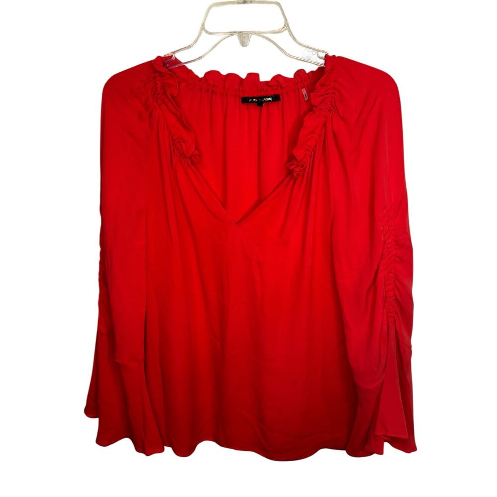 KOBI HALPERIN Carolina V-Neck Shirred Sleeve Silk Blouse Size M Red Ruffle Neck - Picture 2 of 8